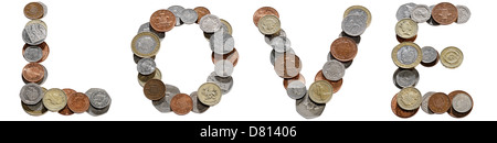 Monete del Regno Unito i numeri di font lettere parole Foto Stock