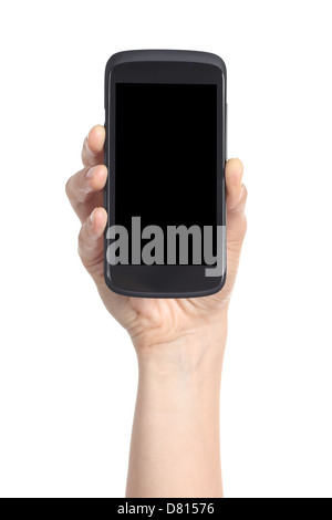 Donna mano che mostra un nero telefono cellulare schermo isolato su uno sfondo bianco Foto Stock