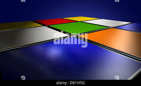 Una vista in prospettiva di un estremo dettaglio di un lato di un cubo di rubiks su sfondo scuro Foto Stock