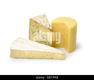 Selezione di un formaggio in pezzi tagliati fuori contro uno sfondo bianco Foto Stock