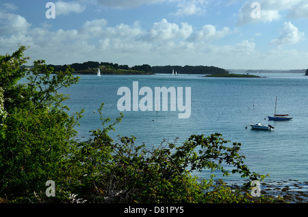 Golfo del Morbihan, il punto di vista dal punto Monteno, struttura isola, Er Lannic isola (centro) e isola Berder (sfondo). Foto Stock