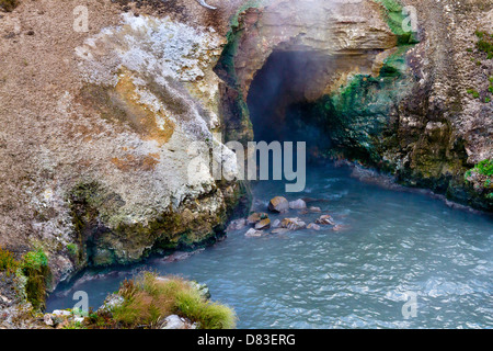 Il vapore esce fuori della bocca della grotta in ebollizione stagno blu a bocca del drago molla nel Parco Nazionale di Yellowstone, Wyoming Foto Stock