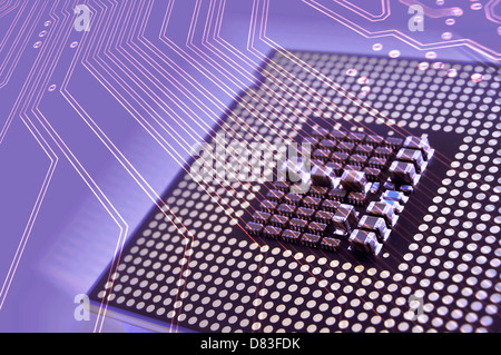 Processore del computer e scheda a circuito stampato sullo sfondo astratto Foto Stock