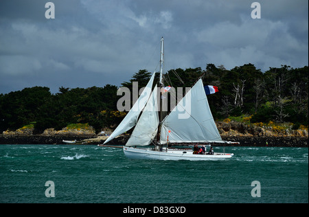 Classic yacht a vela nel Golfo di Morbihan, davanti a Ile Longue, durante l evento marittimo 'Semaine du Golfe" . Foto Stock