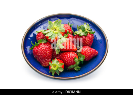 Fragole fresche in blu ciotola isolato su sfondo bianco Foto Stock