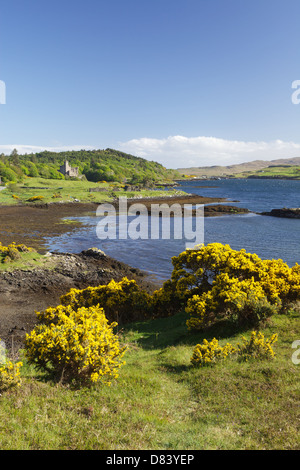 Il castello di Dunvegan da Loch Dunvegan, Isola di Skye, Ebridi Interne, Scozia. Foto Stock