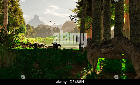 Carnivori dinosauri Ceratosaurus levetta una mandria di Camptosaurus mangiare piante. Foto Stock