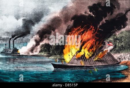 Distruzione dei ribelli di ram " Arkansas': dagli Stati Uniti cannoniere 'Essex', sul fiume Mississippi, nei pressi di Baton Rouge, 4 Agosto 1862 Foto Stock