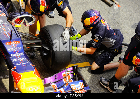 Red Bull meccanica cambiare pneumatico spagnolo durante il Gran Premio di Formula Uno 2013 Foto Stock