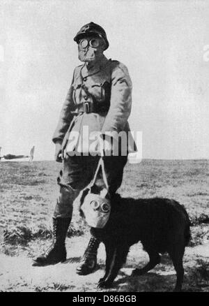 Dog and Handler indossa maschere a gas sul fronte di battaglia Foto Stock