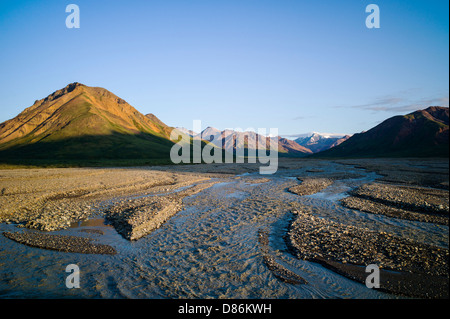 Il tramonto della treccia di Toklat Fiume, Parco Nazionale di Denali, Alaska, STATI UNITI D'AMERICA Foto Stock