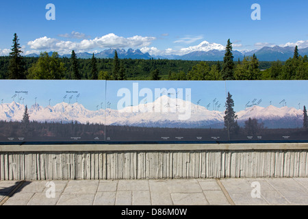 Panorama di Alaska Range compresi Foraker, Hunter, Denali (Mt. McKinley), alci's Tooth & Silverthrone dal punto di vista di Denali S. Foto Stock
