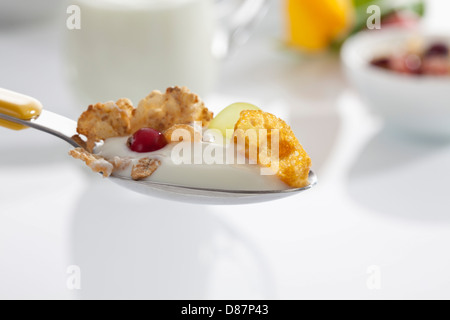 1 cucchiaio di yogurt con cereali e frutti contro uno sfondo bianco, close up Foto Stock