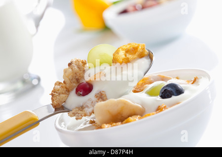 1 cucchiaio di yogurt con cereali e frutti contro uno sfondo bianco, close up Foto Stock