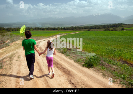 Bambino e bambina con reti a farfalla a piedi su un prato. Foto Stock