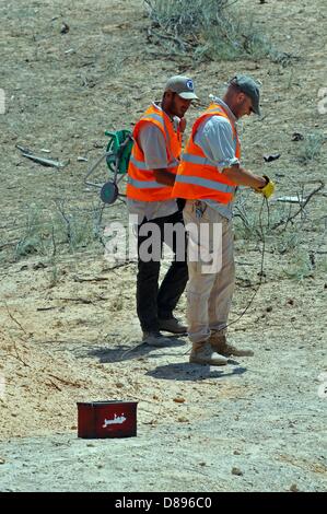 Due dipendenti del tedesco di Santa Barbara Foundation allegare fuzes e spoletta e corde di raccolte di mine, di munizioni e di esplosivi che sono in procinto di essere distrutto in un esplosione controllata, in un foro di sabbia su un terreno di esplosione nei pressi di Tripolis, Libia, 6 maggio 2013. Fin dalla sua fondazione nel 1995, la Santa Barbara Foundation supporta il gioco da armi da fuoco ed esplosivi resti di ex aree di conflitto e teatri di guerra e fornisce aiuti umanitari. La ONG è attivo in Libia dall inizio del 2012 e finanziato tra gli altri per mezzo del German Federal Foreign Office. Foto: Matthias Tödt Foto Stock