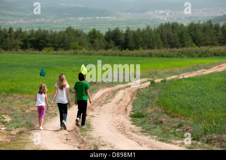 I bambini con reti a farfalla a piedi su un prato. Foto Stock