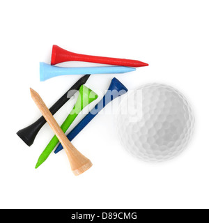 La pallina da golf e tees isolato su bianco Foto Stock