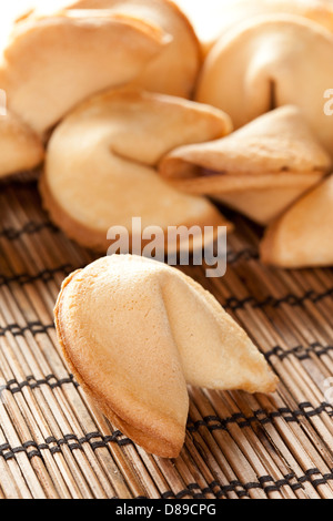 Fresche fatte Fortune Cookie contro uno sfondo Foto Stock