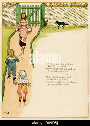 Madre e bambini che camminano lungo il sentiero del giardino Foto Stock