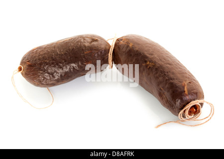 Salame di sanguinaccio su bianco backgorund Foto Stock