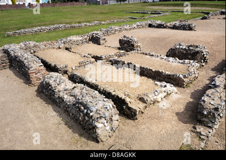 Caister Roman Fort in Caister-on-Sea, Norfolk, Inghilterra. Costruito intorno all'ANNUNCIO 200. Una casa, edificio 1, mostrando hypocaust Foto Stock