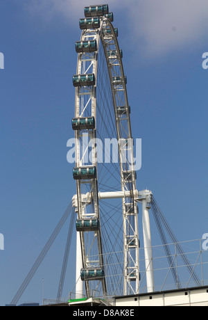 La sezione di ruota del Singapore Flyer con una sezione di nuvola bianca sulla parte superiore. Capsule chiaramente visibile, che trasportano i visitatori Foto Stock