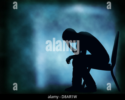 Illustrate la silhouette di un uomo seduto con la sua testa in mano Foto Stock