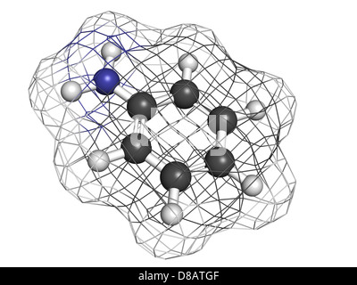 Anilina (fenilammina, aminobenzene), modello molecolare. Gli atomi sono rappresentati come sfere convenzionale con codifica a colori Foto Stock