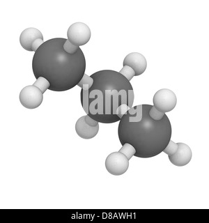 Propano molecola carburante, modello molecolare. Gli atomi sono rappresentati come sfere convenzionale con codifica a colori Foto Stock