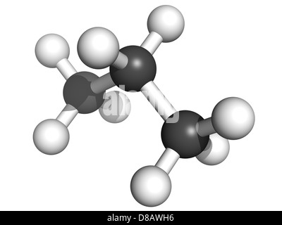Propano molecola carburante, modello molecolare. Gli atomi sono rappresentati come sfere convenzionale con codifica a colori Foto Stock