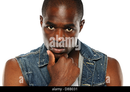 Giovane americano africano dell'uomo isolato ritratto su sfondo bianco Foto Stock