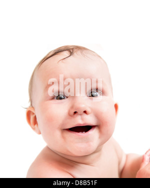 Carino happy baby ridendo. Ritratto del ragazzo su sfondo bianco Foto Stock