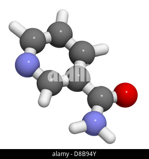 Vitamina B3 (niacinammide, ammide di acido nicotinico), modello molecolare. Gli atomi sono rappresentati come sfere convenzionale con codifica a colori Foto Stock