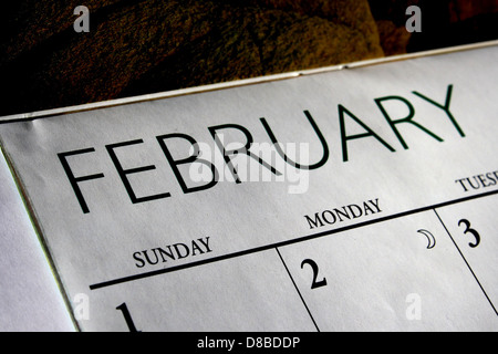 Un calendario di febbraio in genere evidenzia il secondo mese dell'anno. Questo mese è noto per la sua durata più breve di 28 o 29 giorni e include diversi eventi significativi, come San Valentino e il giorno dei presidenti. I calendari di febbraio spesso presentano immagini stagionali, incentrate sui temi invernali nei climi più freddi o sui primi segni della primavera nelle regioni più calde. Foto Stock
