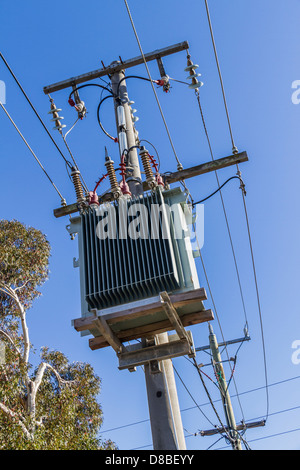 Tre fase elettrica aerea poli di distribuzione e i cavi, Sunbury, Victoria, Australia Foto Stock