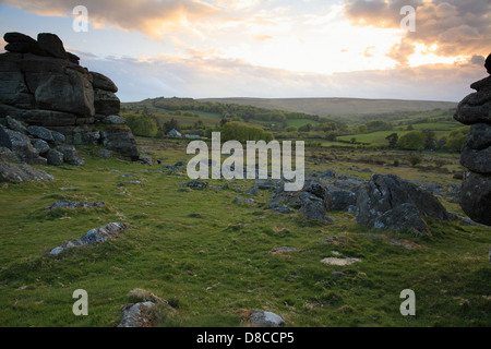 Vista serale dal hound verso Hayne giù, Dartmoor, England, Regno Unito Foto Stock
