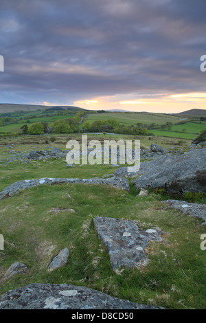 Vista serale dal hound verso Hayne giù, Dartmoor, England, Regno Unito Foto Stock