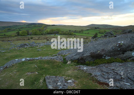 Vista serale dal hound verso Hayne giù, Dartmoor, England, Regno Unito Foto Stock