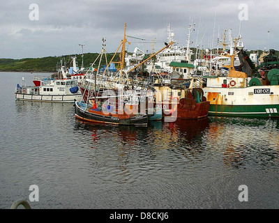 Una vista di diverse barche da pesca attraccate nel porto di Killybegs, una città in Irlanda conosciuta per la sua industria della pesca. Le barche sono allineate lungo il molo, con reti e attrezzature visibili, pronte per il prossimo viaggio in mare. Foto Stock