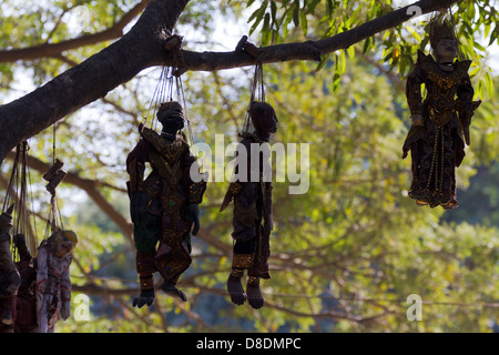 Un macabro spettacolo di burattini - appeso a un albero, Mandalay Myanmar Foto Stock