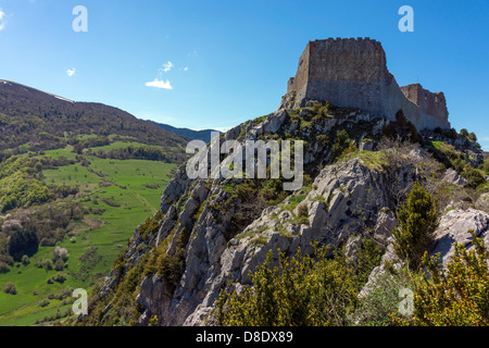 Montsegur castello cataro, Ariège, Pirenei francesi, Francia Foto Stock