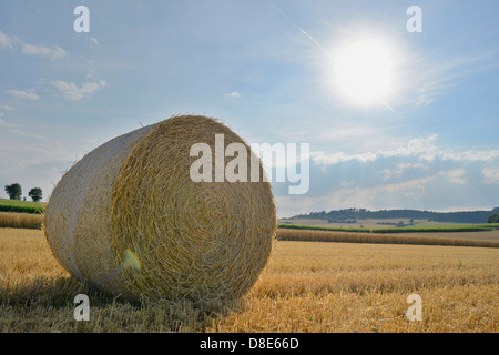 Balle di paglia sul campo di stoppie, Alto Palatinato, Baviera, Germania Foto Stock