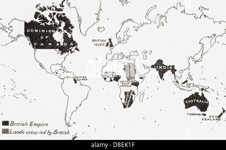 Mappa dell'impero britannico nel 1901. Da un primo libro di storia britannica pubblicato 1925. Foto Stock
