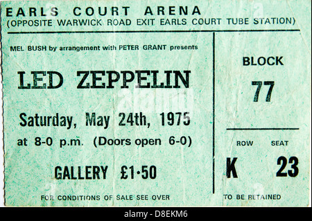 Biglietto per il concerto dei LED Zeppelin da 1975 concerti all'Earls Court Arena, Londra. Foto Stock