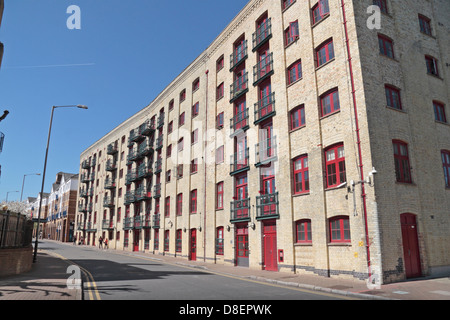 Rotherhithe Street che mostra le linee di magazzini convertito in appartamenti, Rotherhithe, London, SE16, UK. Foto Stock