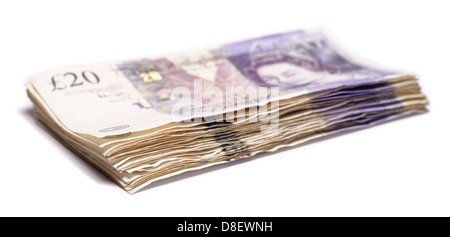 Pila di venti pound note Foto Stock