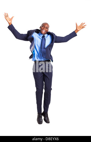 Happy businessman africani jumping alto isolato su bianco Foto Stock