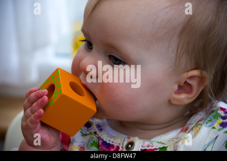 14 mesi Baby girl succhiare un blocco di riproduzione Foto Stock