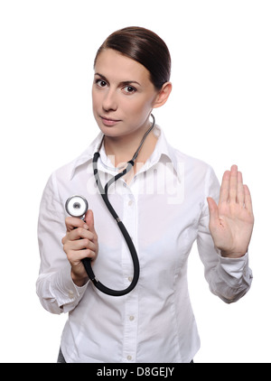Medical medico donna che mostra il gesto di arresto Foto Stock